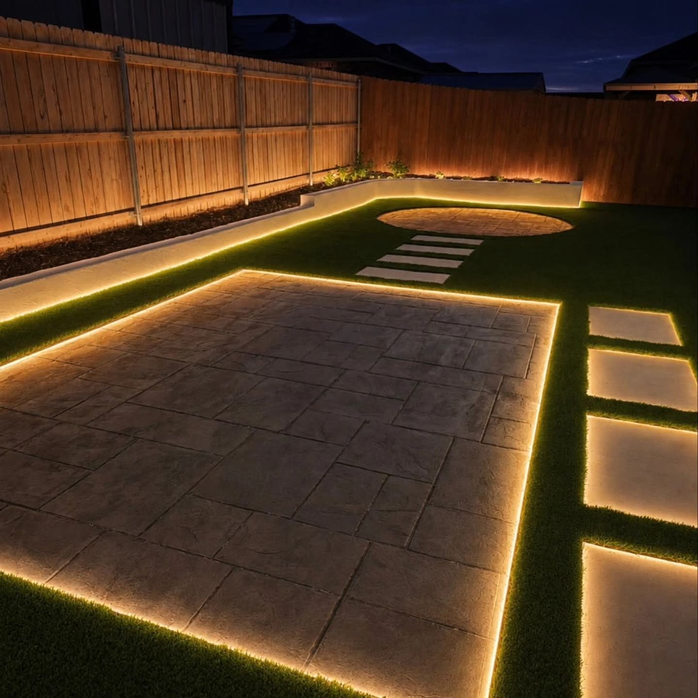 Low-voltage LED landscape lighting outlining a stamped-concrete patio and turf borders at night in Windmill Crossing, Odessa TX